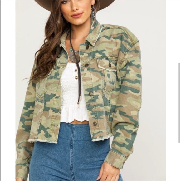 Free People Camo Printed Denim Jacket L